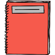a red spiral notebook with white rectangle on the top